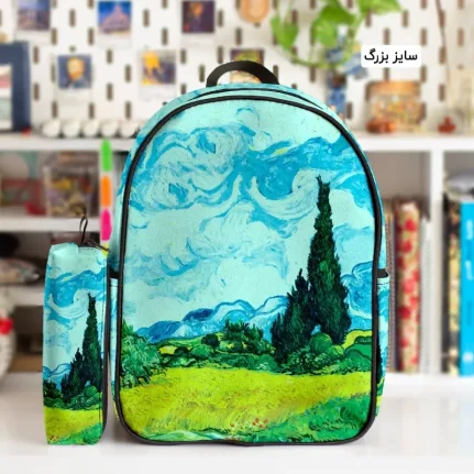 کوله پشتی نقاشی طرح گندم زار با درختان سرو و جامدادی - Image 2